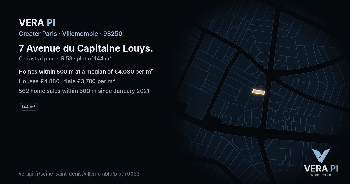 7 Avenue du Capitaine Louys, Villemomble at night – the plot lit, the parcels around coloured by the prices near them