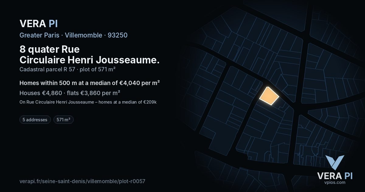 8 quater Rue Circulaire Henri Jousseaume, Villemomble at night – the plot lit, the parcels around coloured by the prices near them