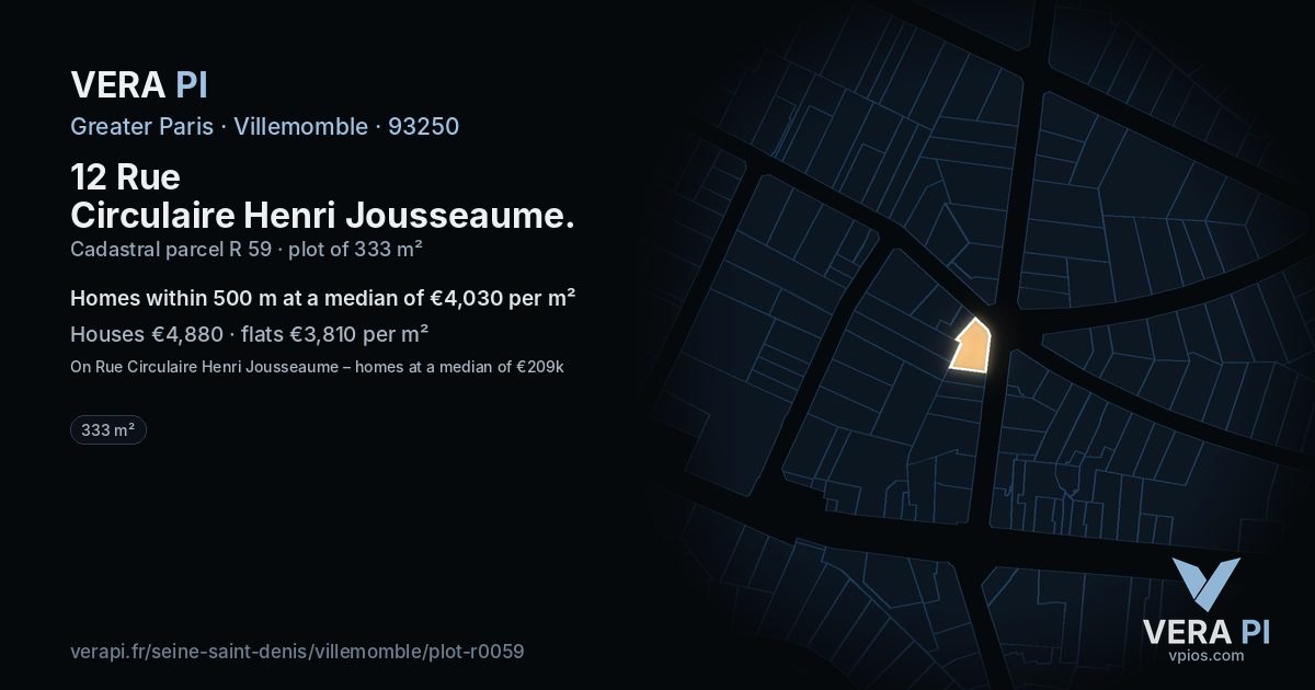 12 Rue Circulaire Henri Jousseaume, Villemomble at night – the plot lit, the parcels around coloured by the prices near them