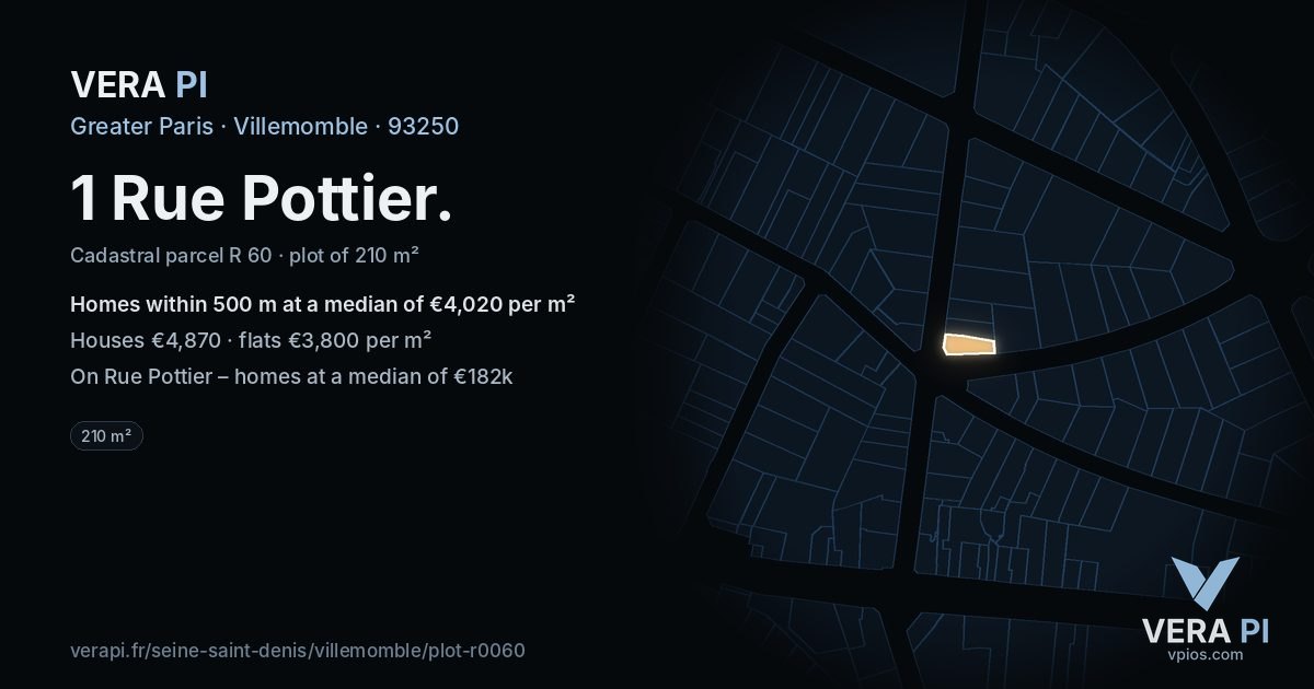 1 Rue Pottier, Villemomble at night – the plot lit, the parcels around coloured by the prices near them