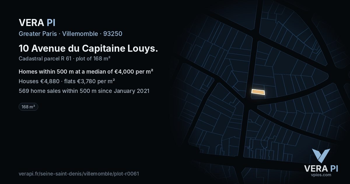 10 Avenue du Capitaine Louys, Villemomble at night – the plot lit, the parcels around coloured by the prices near them