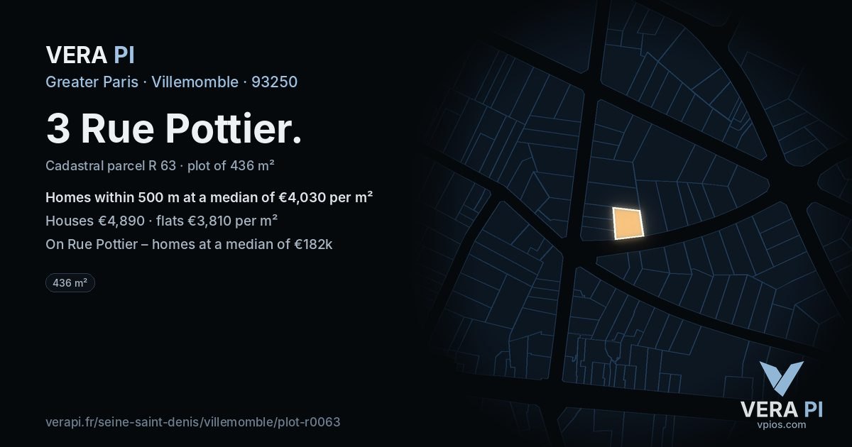 3 Rue Pottier, Villemomble at night – the plot lit, the parcels around coloured by the prices near them