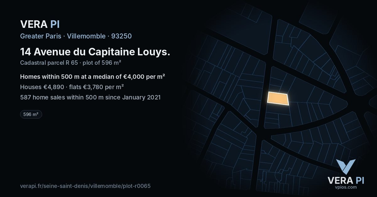 14 Avenue du Capitaine Louys, Villemomble at night – the plot lit, the parcels around coloured by the prices near them