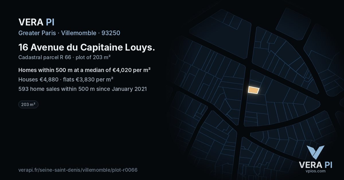 16 Avenue du Capitaine Louys, Villemomble at night – the plot lit, the parcels around coloured by the prices near them
