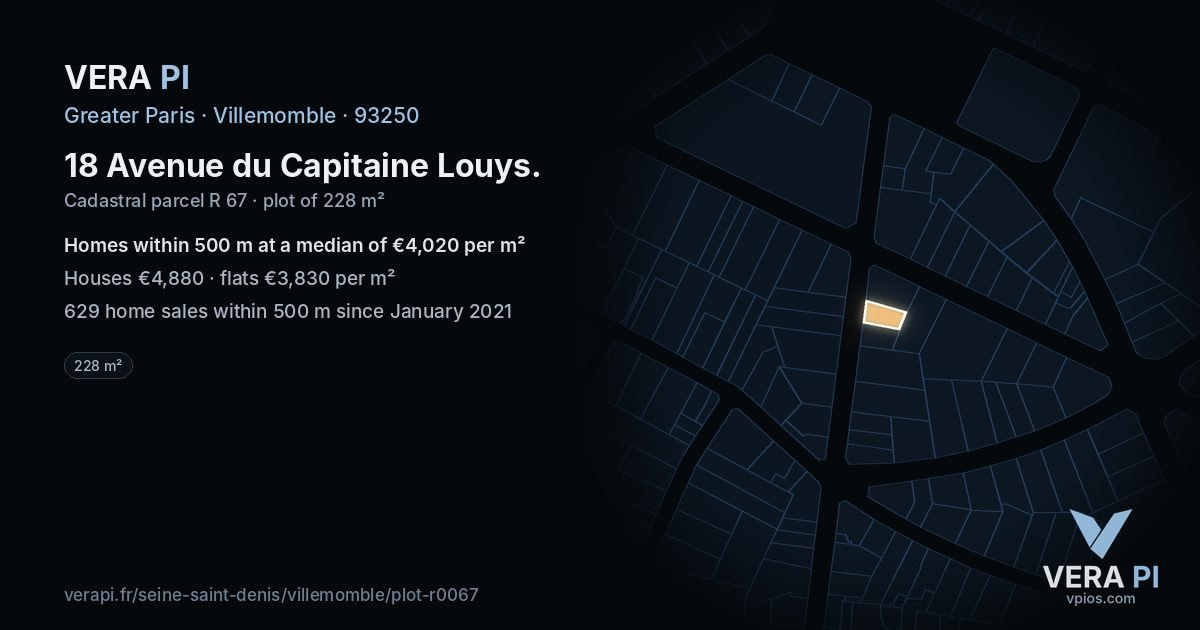18 Avenue du Capitaine Louys, Villemomble at night – the plot lit, the parcels around coloured by the prices near them