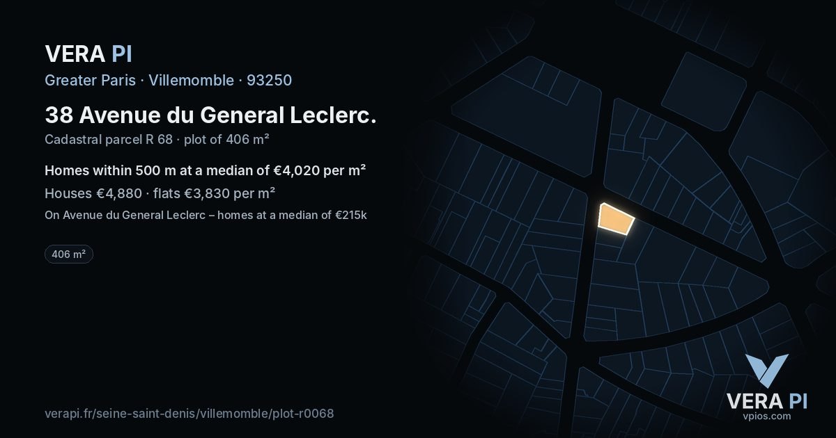 38 Avenue du General Leclerc, Villemomble at night – the plot lit, the parcels around coloured by the prices near them