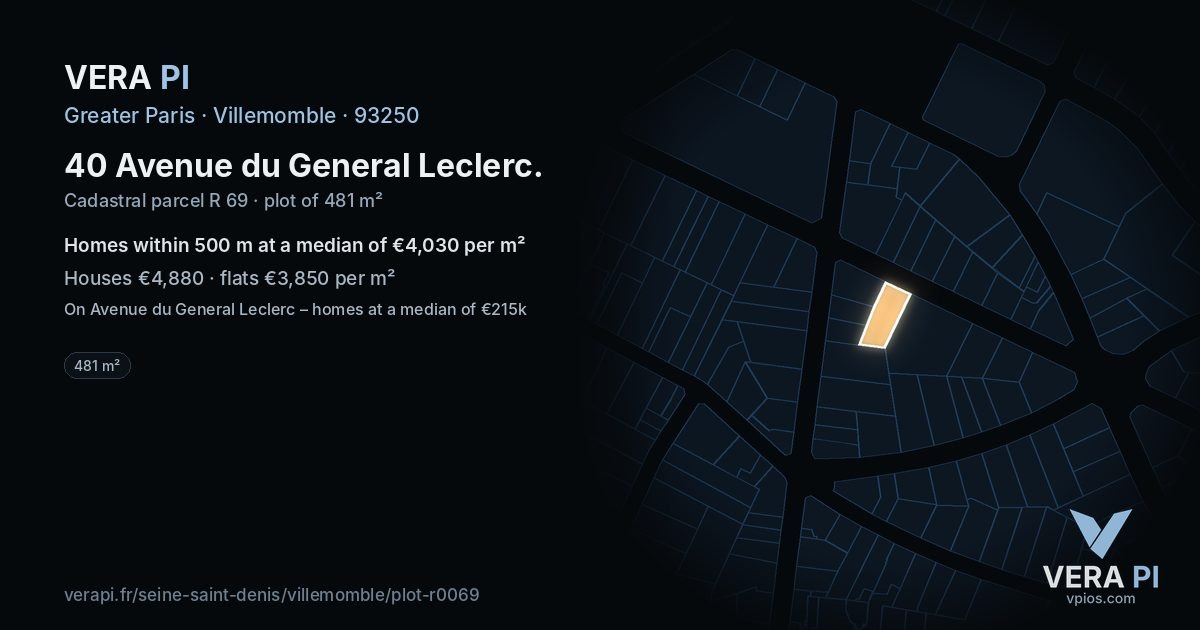 40 Avenue du General Leclerc, Villemomble at night – the plot lit, the parcels around coloured by the prices near them