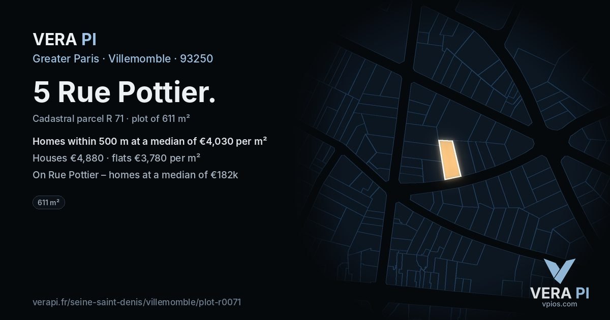 5 Rue Pottier, Villemomble at night – the plot lit, the parcels around coloured by the prices near them