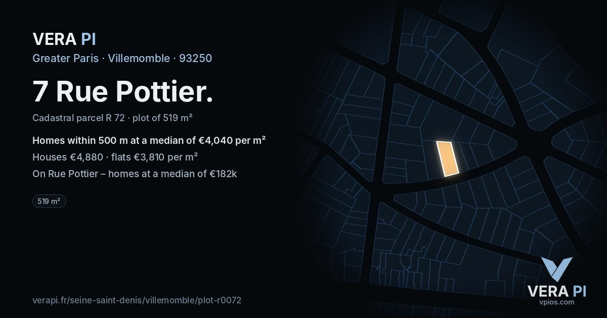 7 Rue Pottier, Villemomble at night – the plot lit, the parcels around coloured by the prices near them