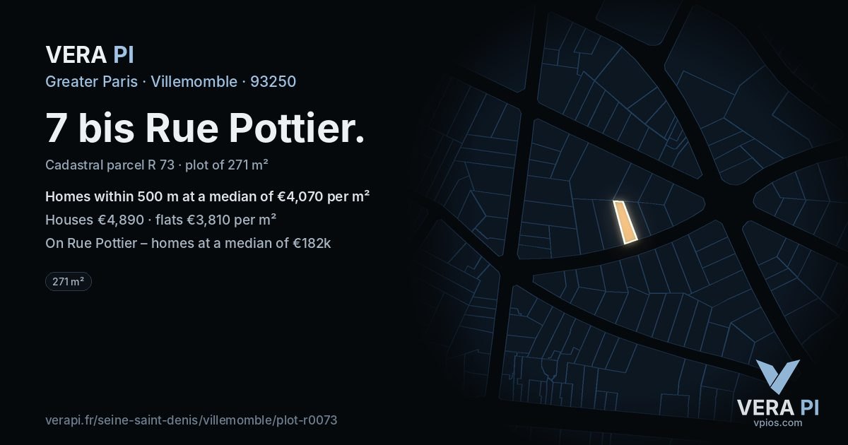 7 bis Rue Pottier, Villemomble at night – the plot lit, the parcels around coloured by the prices near them