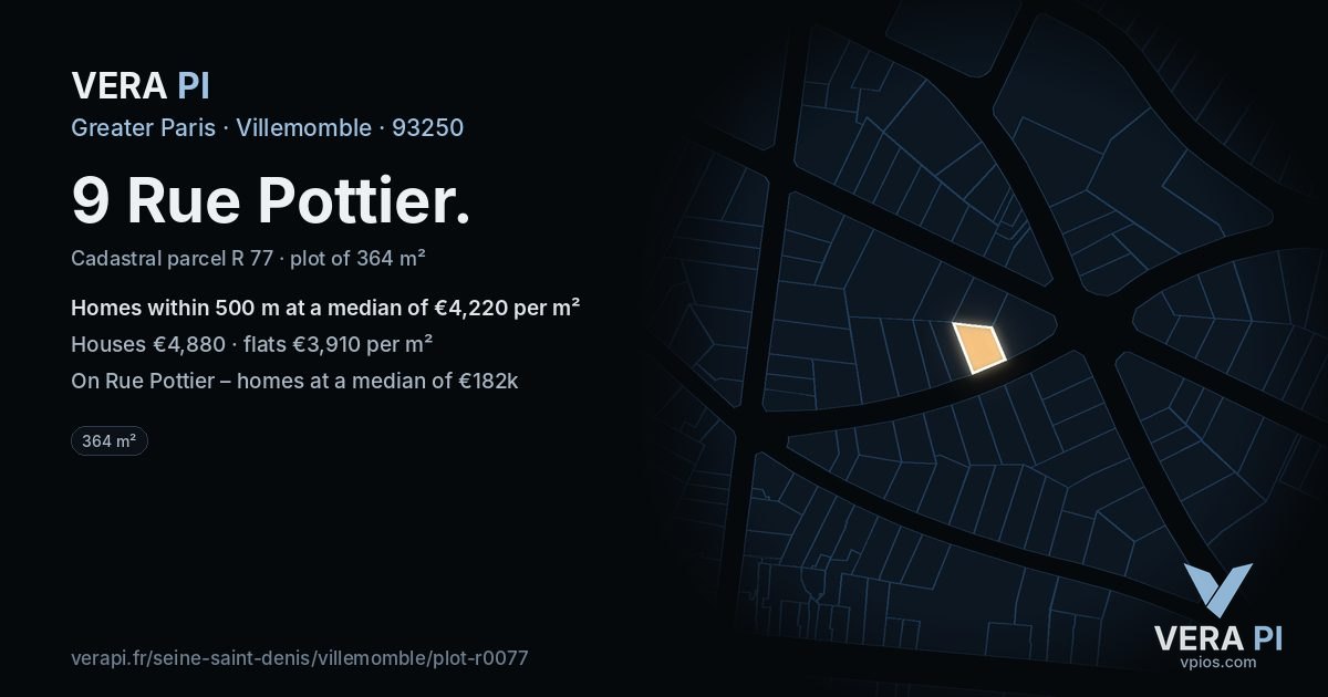 9 Rue Pottier, Villemomble at night – the plot lit, the parcels around coloured by the prices near them