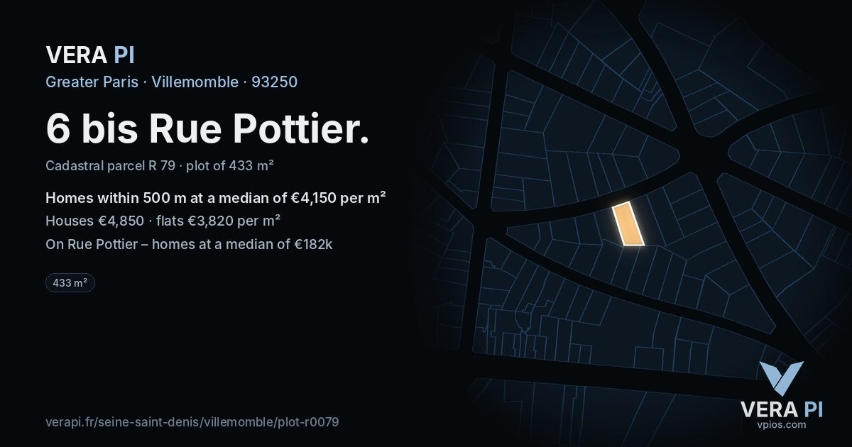 6 bis Rue Pottier, Villemomble at night – the plot lit, the parcels around coloured by the prices near them