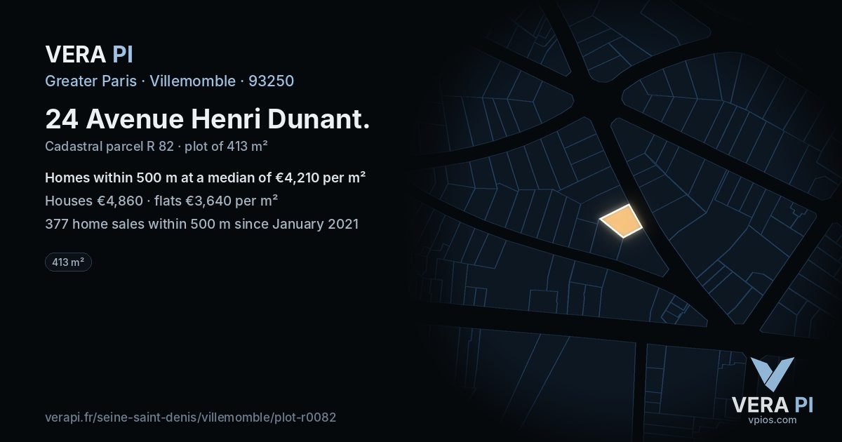 24 Avenue Henri Dunant, Villemomble at night – the plot lit, the parcels around coloured by the prices near them