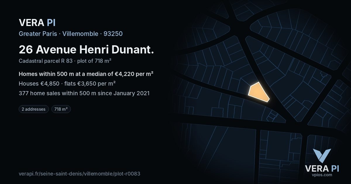 26 Avenue Henri Dunant, Villemomble at night – the plot lit, the parcels around coloured by the prices near them