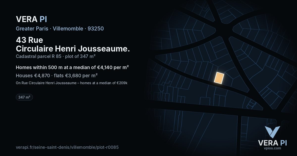 43 Rue Circulaire Henri Jousseaume, Villemomble at night – the plot lit, the parcels around coloured by the prices near them