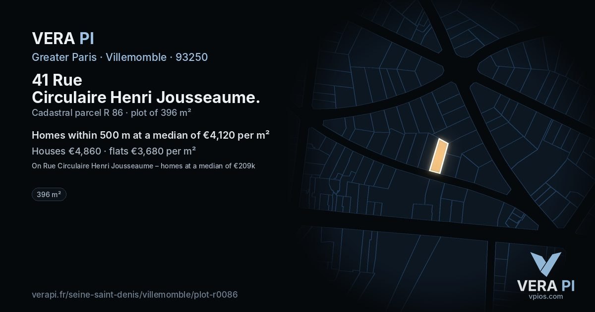 41 Rue Circulaire Henri Jousseaume, Villemomble at night – the plot lit, the parcels around coloured by the prices near them
