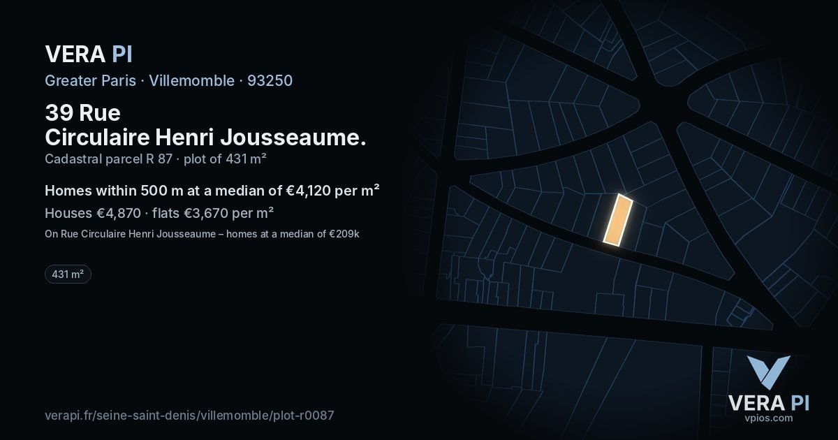 39 Rue Circulaire Henri Jousseaume, Villemomble at night – the plot lit, the parcels around coloured by the prices near them