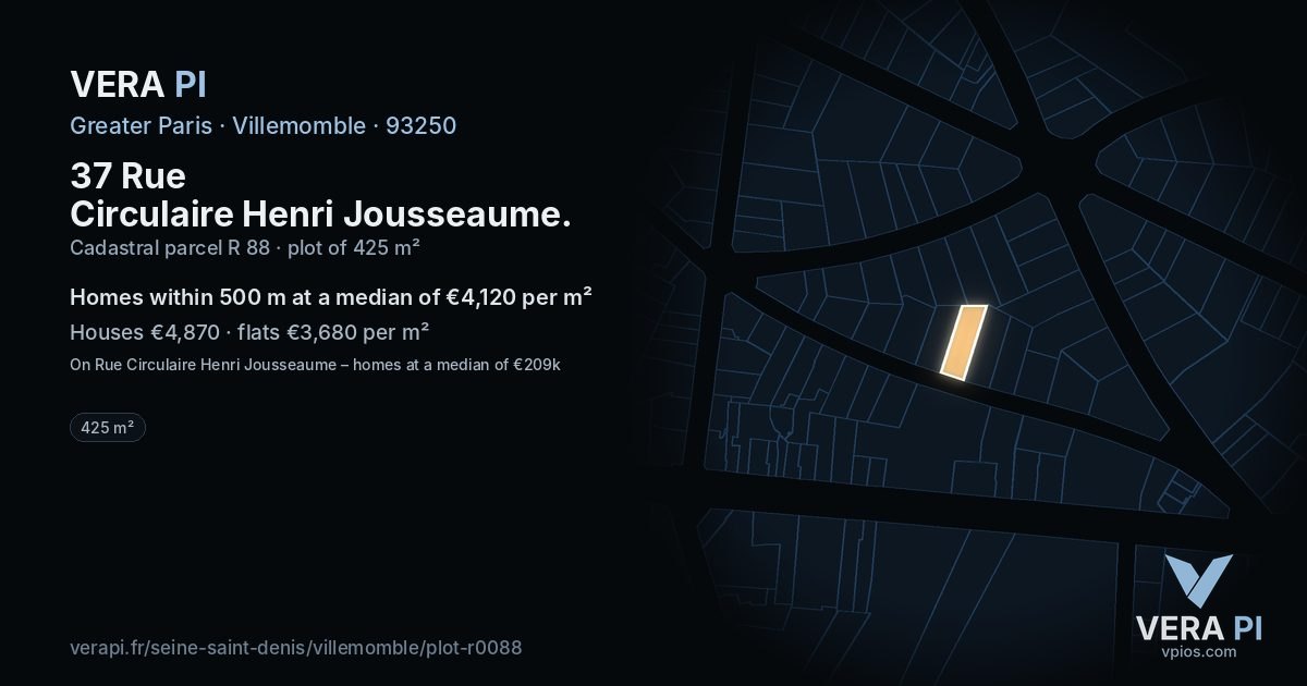 37 Rue Circulaire Henri Jousseaume, Villemomble at night – the plot lit, the parcels around coloured by the prices near them