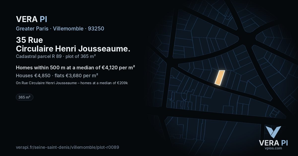 35 Rue Circulaire Henri Jousseaume, Villemomble at night – the plot lit, the parcels around coloured by the prices near them