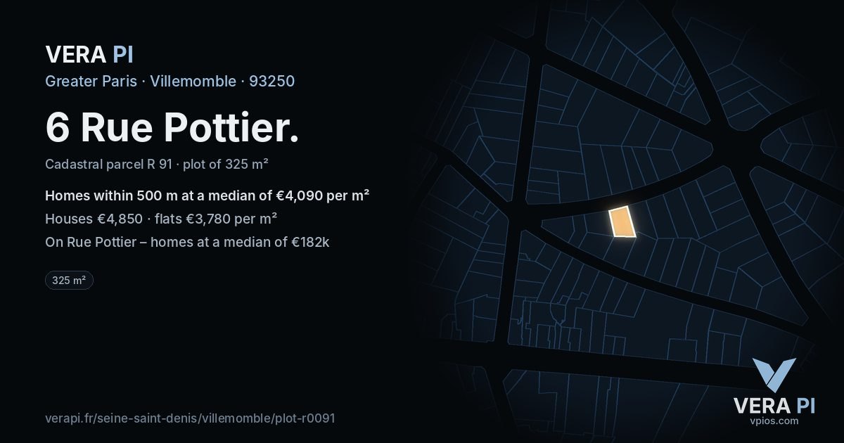6 Rue Pottier, Villemomble at night – the plot lit, the parcels around coloured by the prices near them
