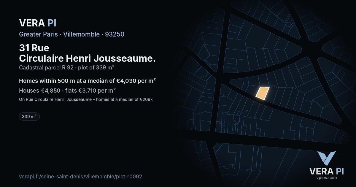 31 Rue Circulaire Henri Jousseaume, Villemomble at night – the plot lit, the parcels around coloured by the prices near them