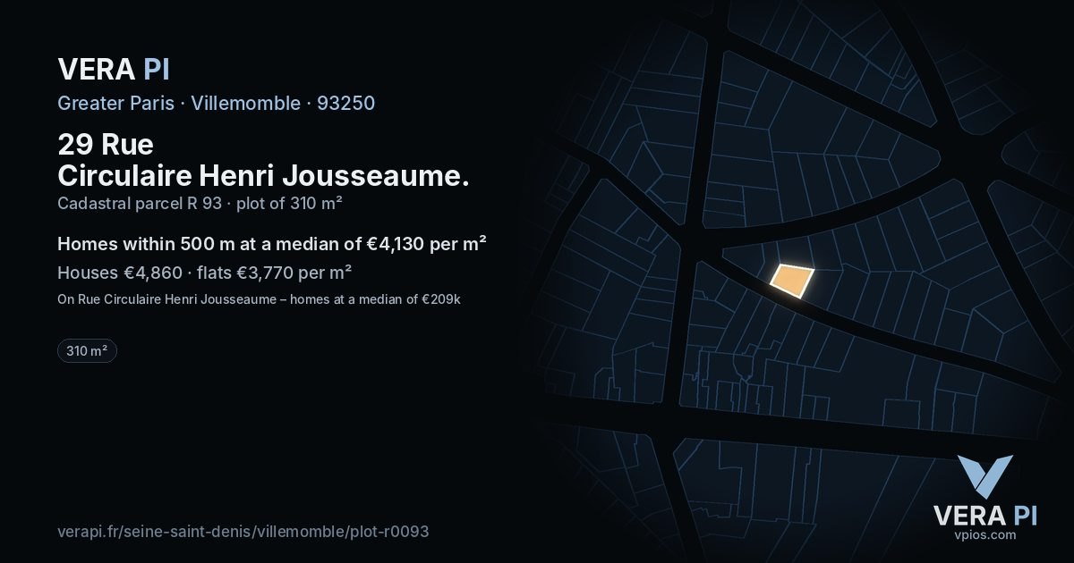 29 Rue Circulaire Henri Jousseaume, Villemomble at night – the plot lit, the parcels around coloured by the prices near them