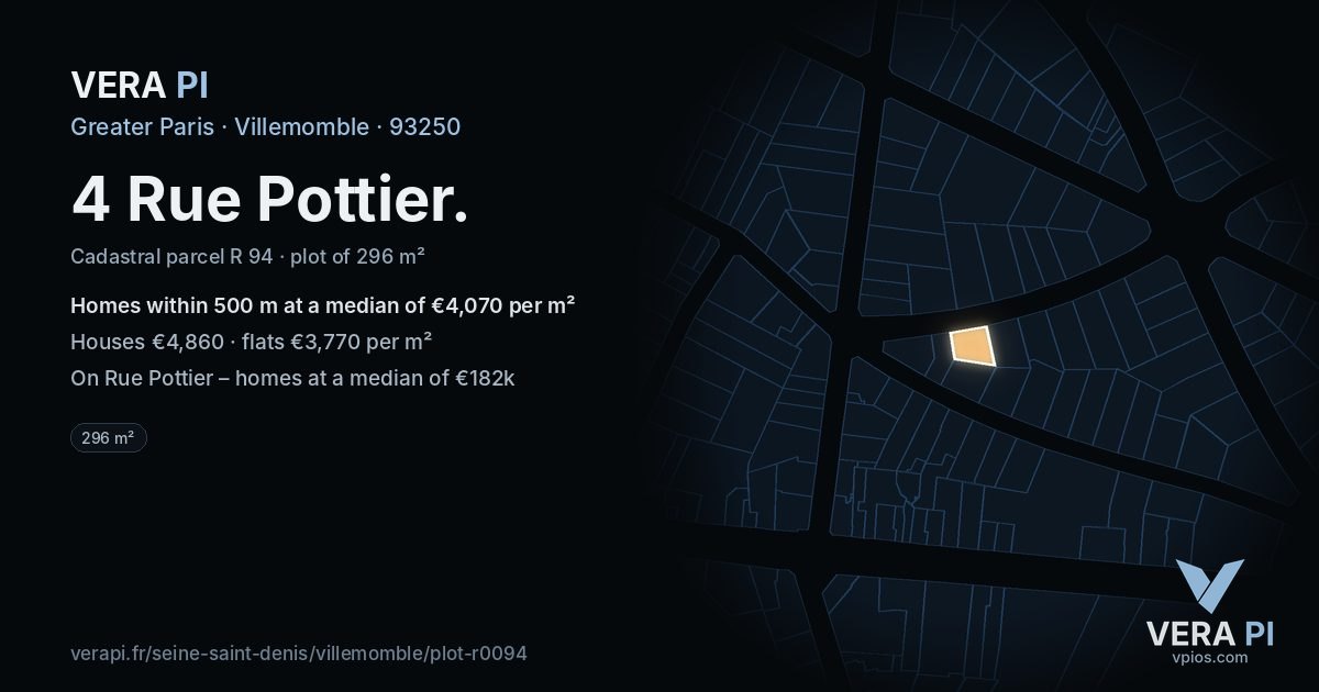 4 Rue Pottier, Villemomble at night – the plot lit, the parcels around coloured by the prices near them