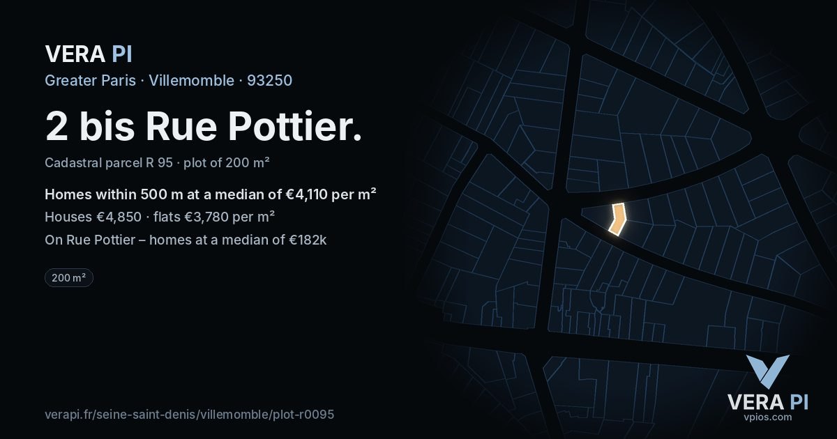 2 bis Rue Pottier, Villemomble at night – the plot lit, the parcels around coloured by the prices near them