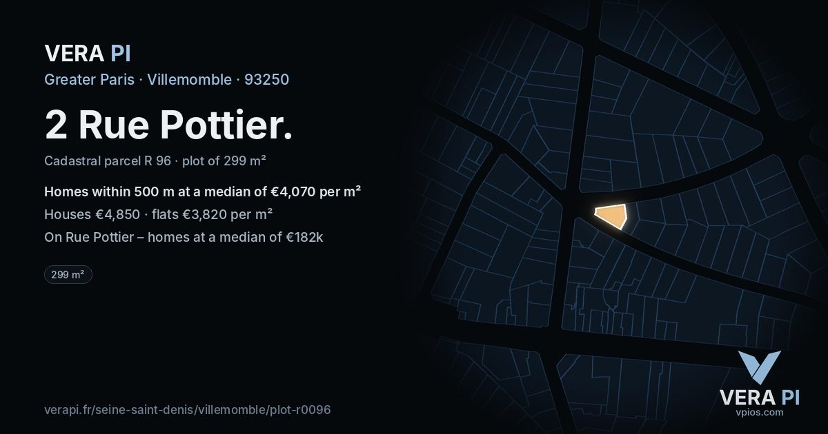 2 Rue Pottier, Villemomble at night – the plot lit, the parcels around coloured by the prices near them