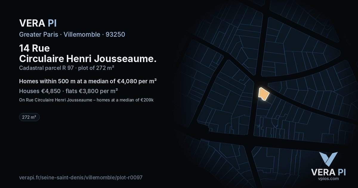 14 Rue Circulaire Henri Jousseaume, Villemomble at night – the plot lit, the parcels around coloured by the prices near them