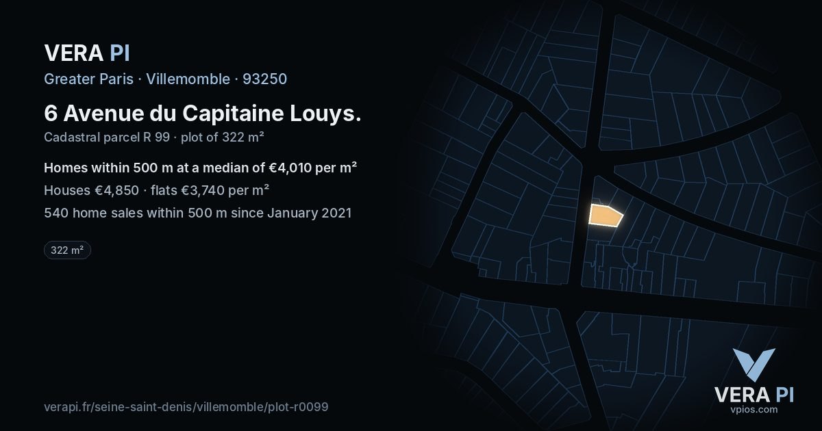 6 Avenue du Capitaine Louys, Villemomble at night – the plot lit, the parcels around coloured by the prices near them