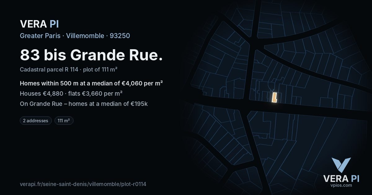 83 bis Grande Rue, Villemomble at night – the plot lit, the parcels around coloured by the prices near them