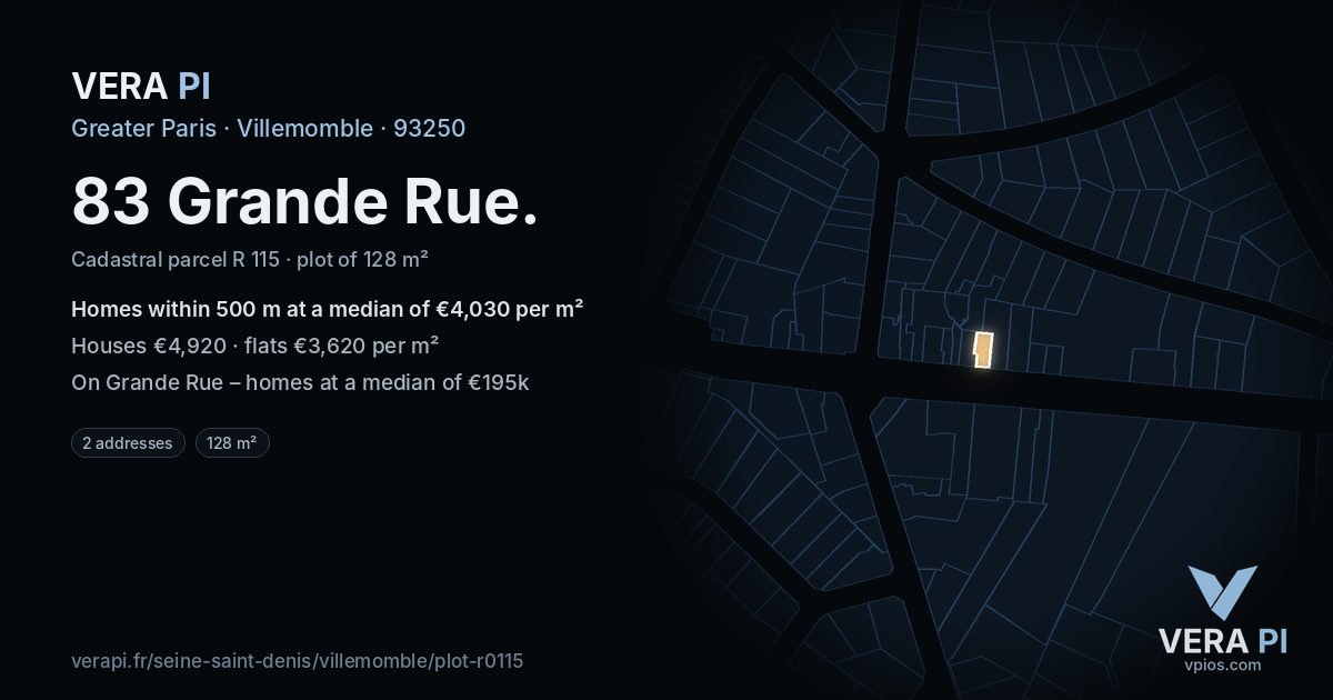 83 Grande Rue, Villemomble at night – the plot lit, the parcels around coloured by the prices near them
