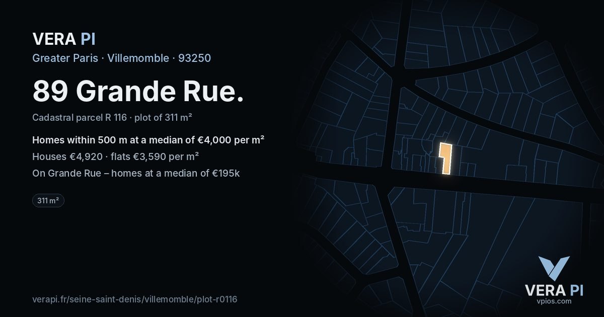 89 Grande Rue, Villemomble at night – the plot lit, the parcels around coloured by the prices near them