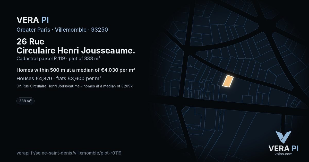 26 Rue Circulaire Henri Jousseaume, Villemomble at night – the plot lit, the parcels around coloured by the prices near them