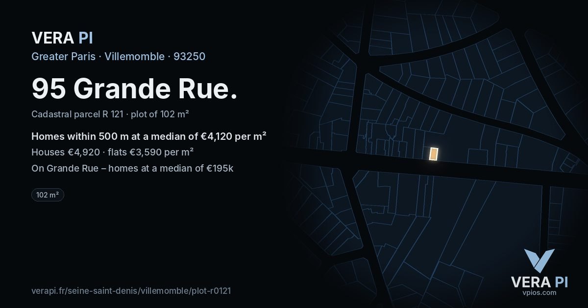 95 Grande Rue, Villemomble at night – the plot lit, the parcels around coloured by the prices near them