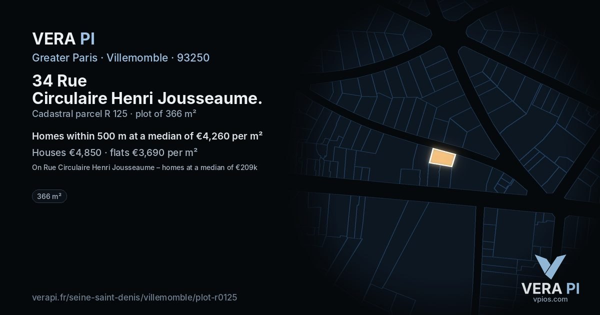 34 Rue Circulaire Henri Jousseaume, Villemomble at night – the plot lit, the parcels around coloured by the prices near them