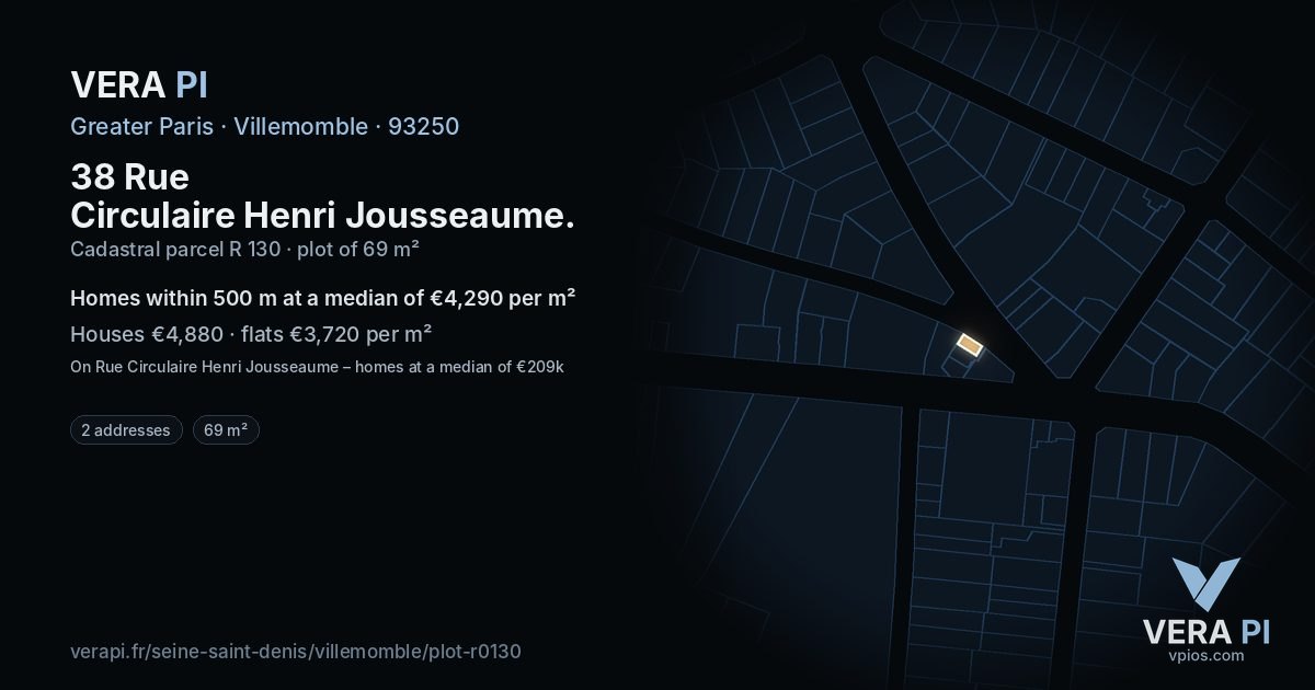 38 Rue Circulaire Henri Jousseaume, Villemomble at night – the plot lit, the parcels around coloured by the prices near them