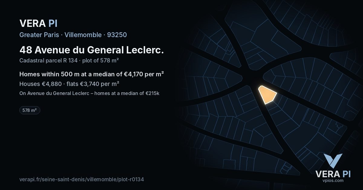 48 Avenue du General Leclerc, Villemomble at night – the plot lit, the parcels around coloured by the prices near them