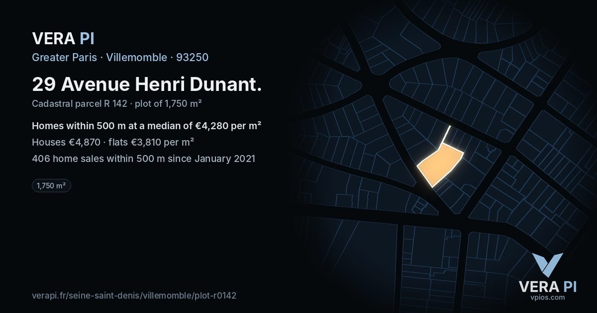 29 Avenue Henri Dunant, Villemomble at night – the plot lit, the parcels around coloured by the prices near them