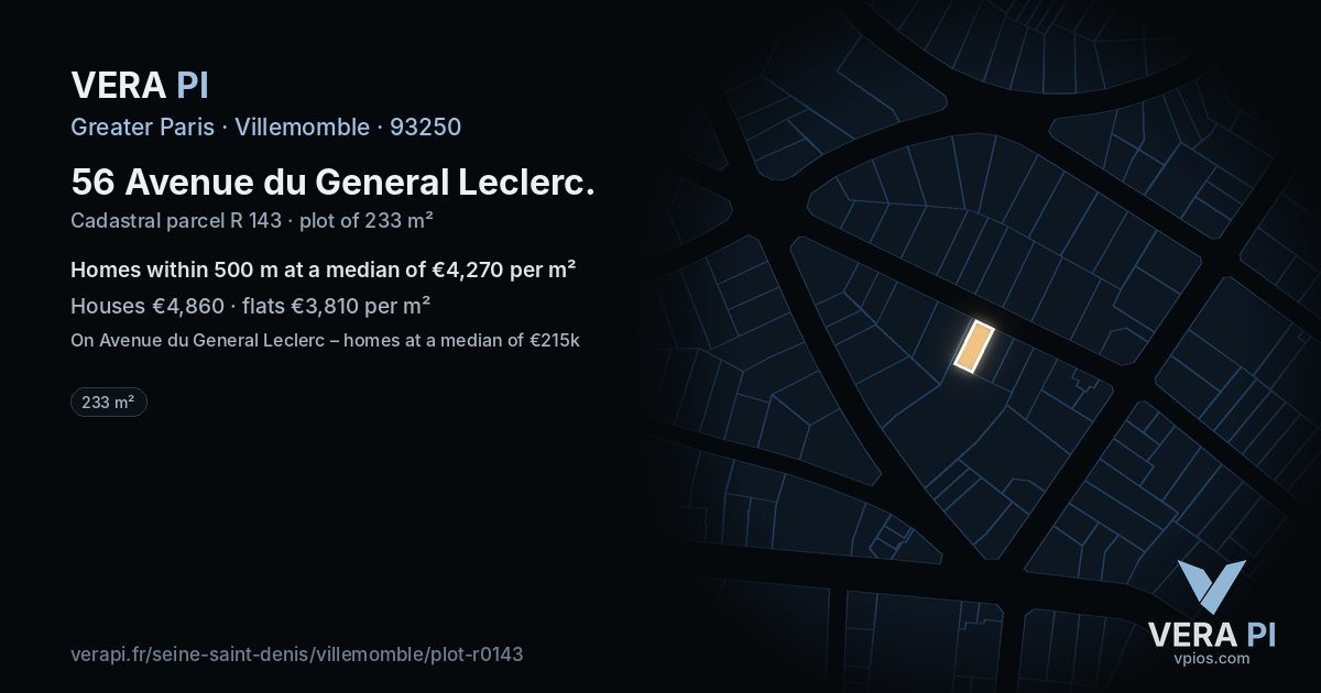 56 Avenue du General Leclerc, Villemomble at night – the plot lit, the parcels around coloured by the prices near them
