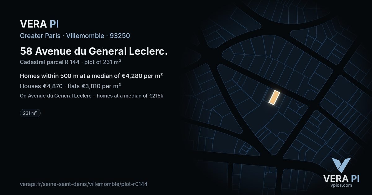 58 Avenue du General Leclerc, Villemomble at night – the plot lit, the parcels around coloured by the prices near them