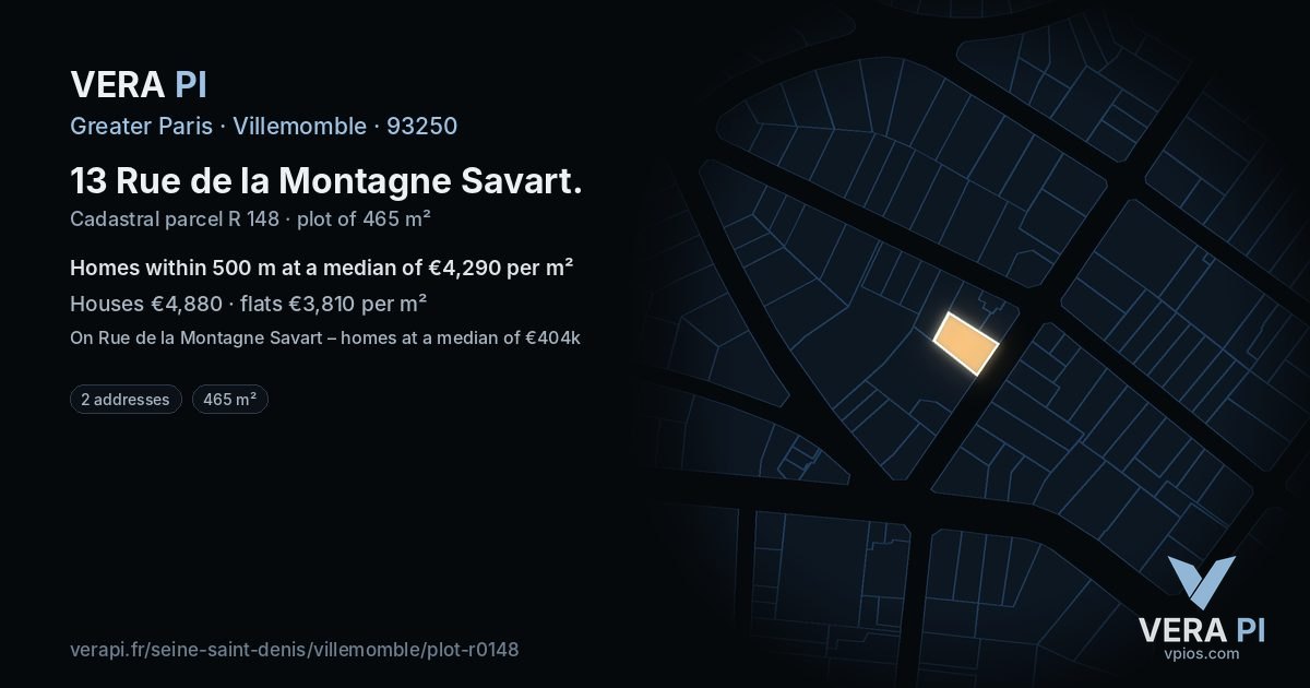 13 Rue de la Montagne Savart, Villemomble at night – the plot lit, the parcels around coloured by the prices near them