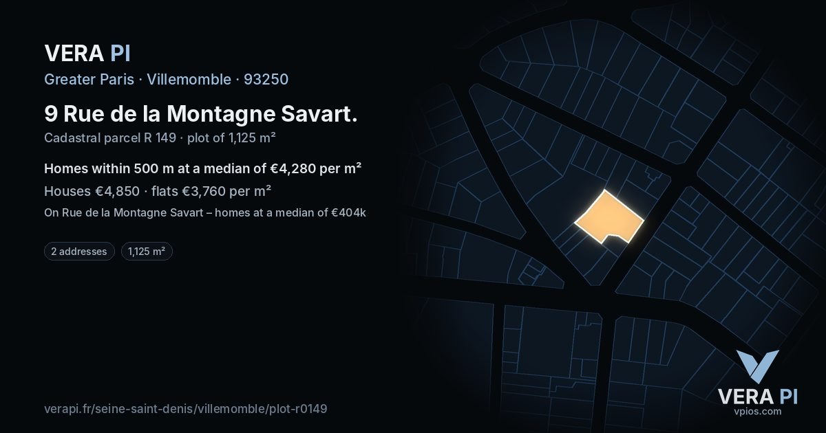 9 Rue de la Montagne Savart, Villemomble at night – the plot lit, the parcels around coloured by the prices near them