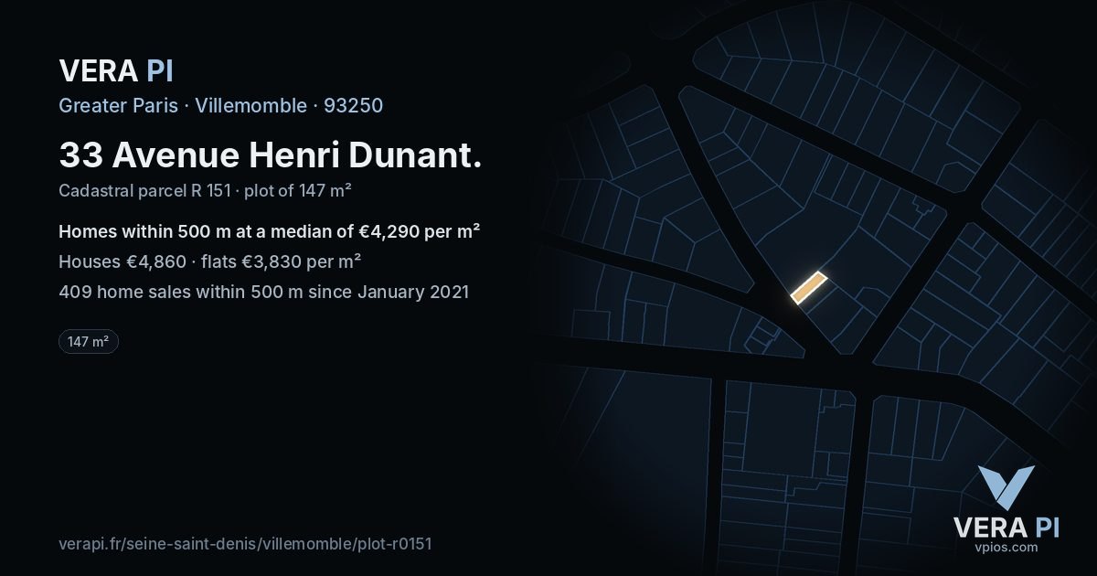 33 Avenue Henri Dunant, Villemomble at night – the plot lit, the parcels around coloured by the prices near them