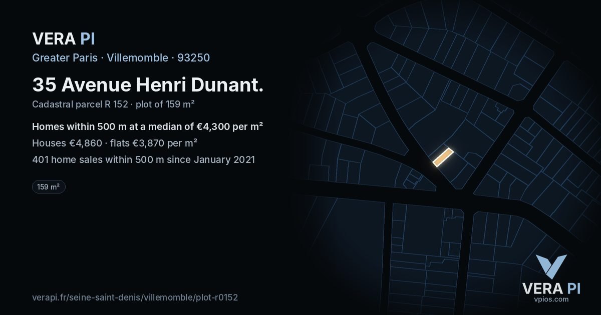 35 Avenue Henri Dunant, Villemomble at night – the plot lit, the parcels around coloured by the prices near them