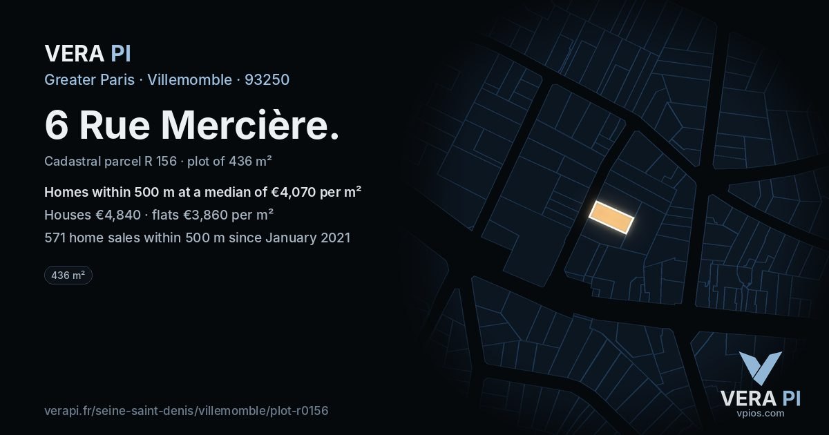 6 Rue Mercière, Villemomble at night – the plot lit, the parcels around coloured by the prices near them