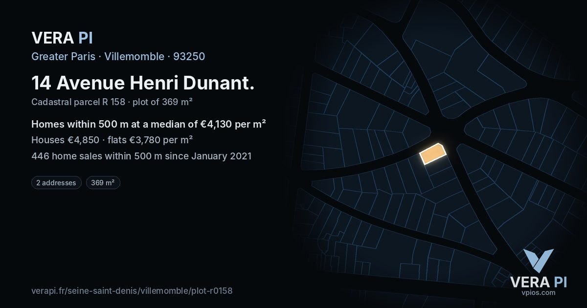 14 Avenue Henri Dunant, Villemomble at night – the plot lit, the parcels around coloured by the prices near them