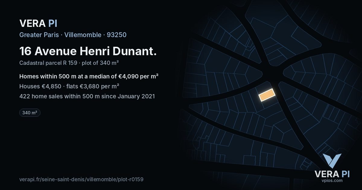 16 Avenue Henri Dunant, Villemomble at night – the plot lit, the parcels around coloured by the prices near them