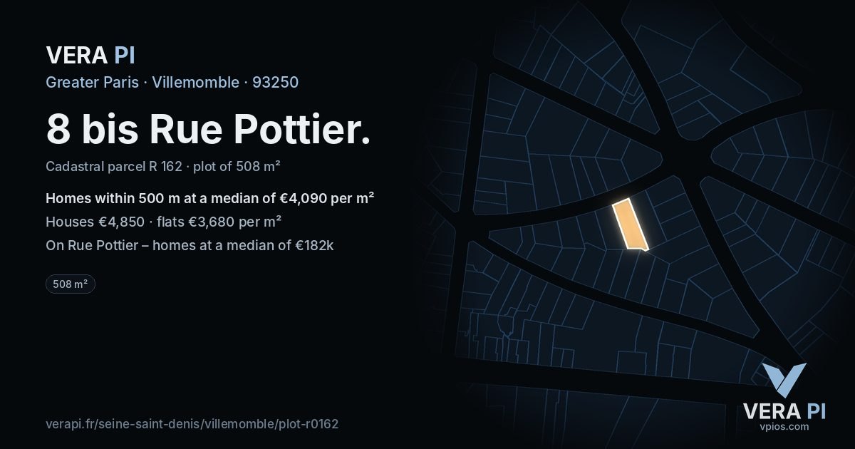 8 bis Rue Pottier, Villemomble at night – the plot lit, the parcels around coloured by the prices near them